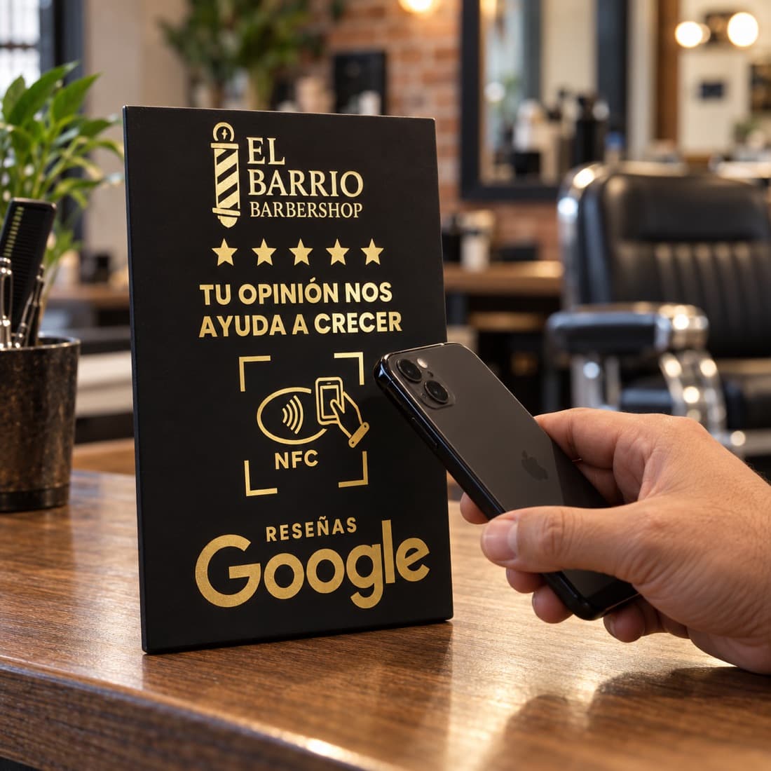 Una mano acerca un celular a la placa NFC de El Barrio Barbershop